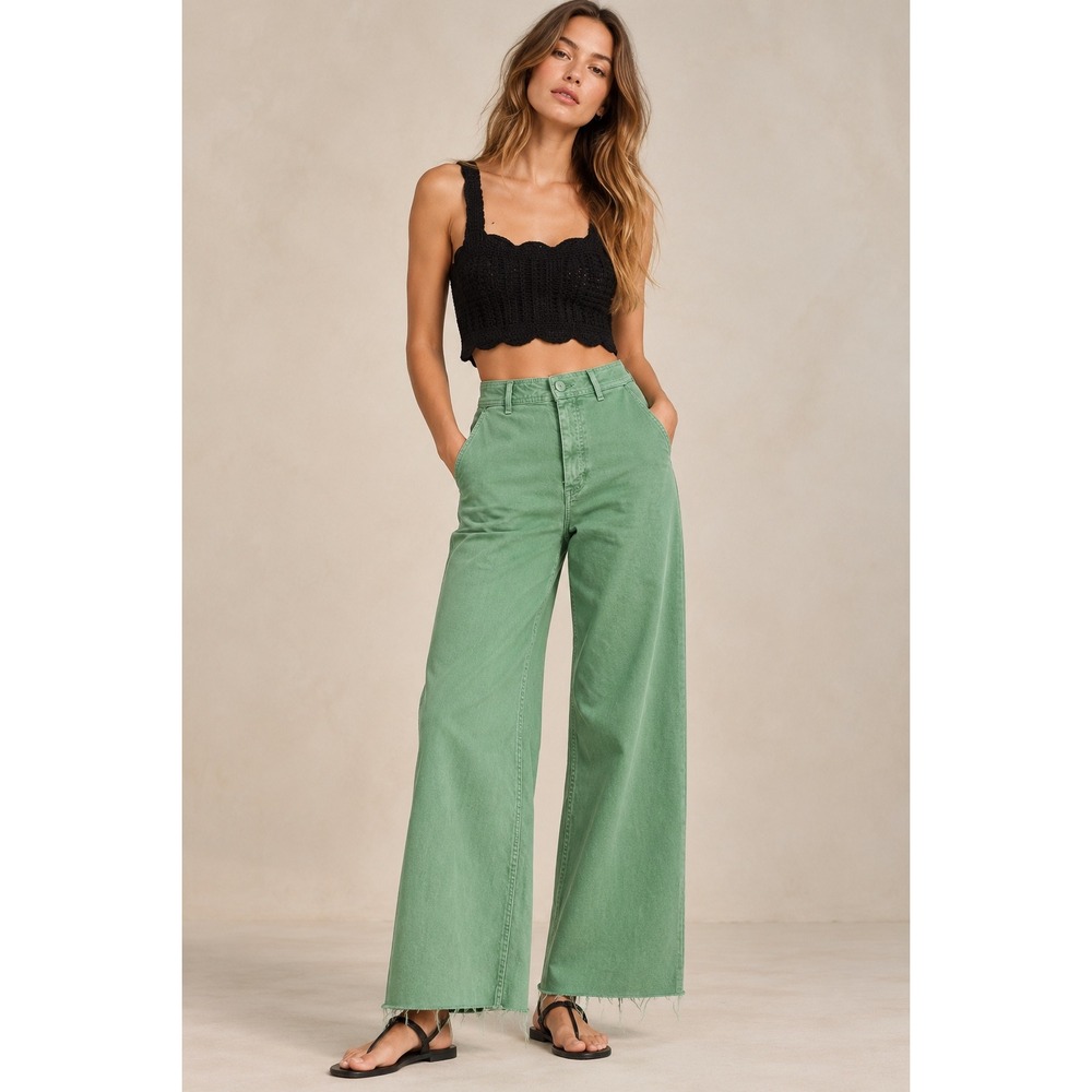 Zara The Marine Straight Lime Green High Rise Raw Hem Jeans 8246/068 Womens 2